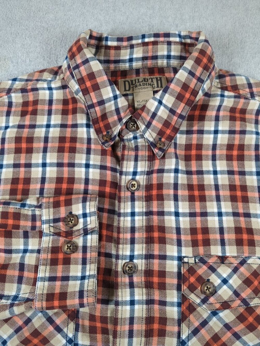 Duluth Trading Shirt Mens XLT Extra Large Tall Orange Flannel Plaid Button Down